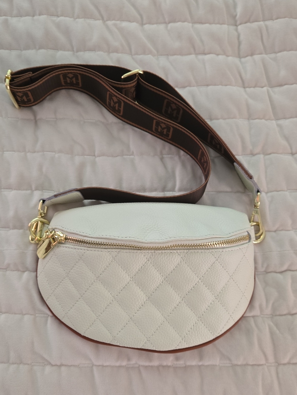 Ivory Quilted Leather Crossbody Belt Bag with Branded Strap